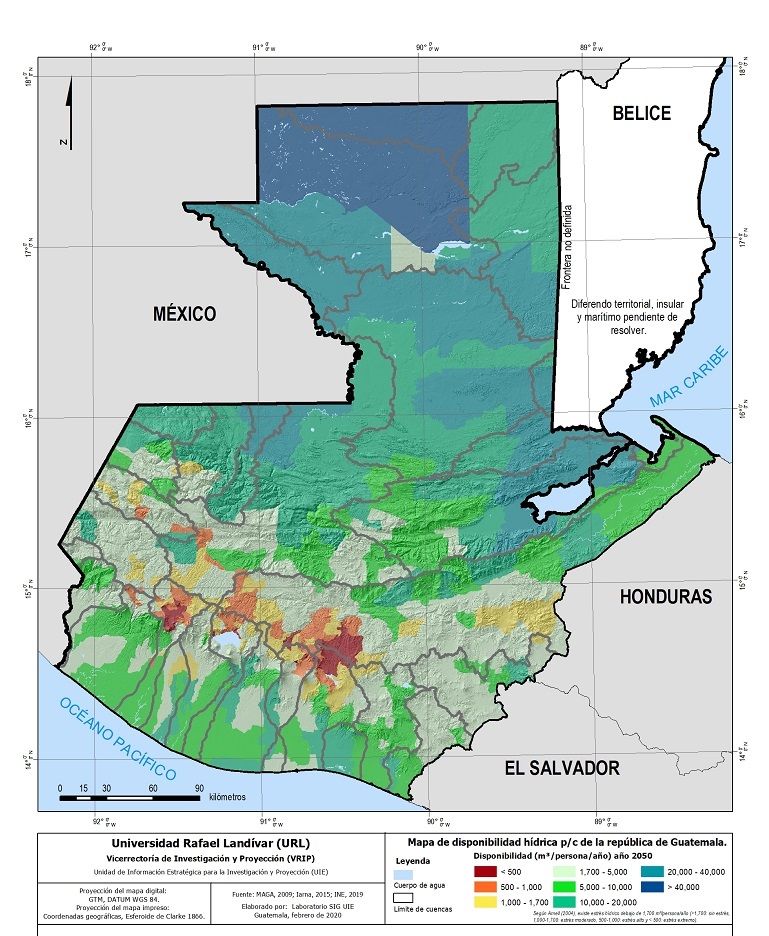 Este mapa elaborado por Jerónimo Pérez, del Instituto de Información Estratégica de la Universidad Rafael Landívar, muestra las proyecciones de disponibilidad de agua en 2050.
